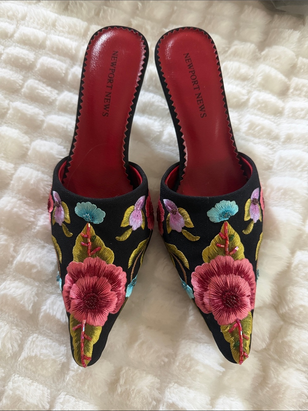 Newport News Black Embroidered Floral Pointed Mules with Pink Accents